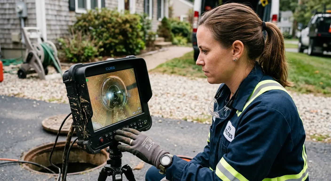 Technician reviewing sewer camera inspection footage in Marquette