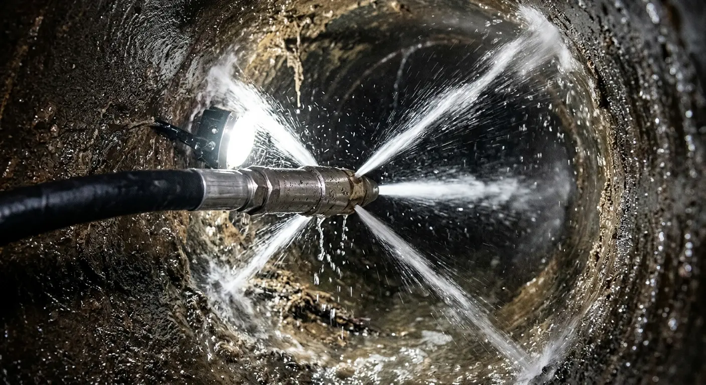 High-pressure hydro jetting nozzle cleaning sewer pipe for Sewer Cleanout in Marquette