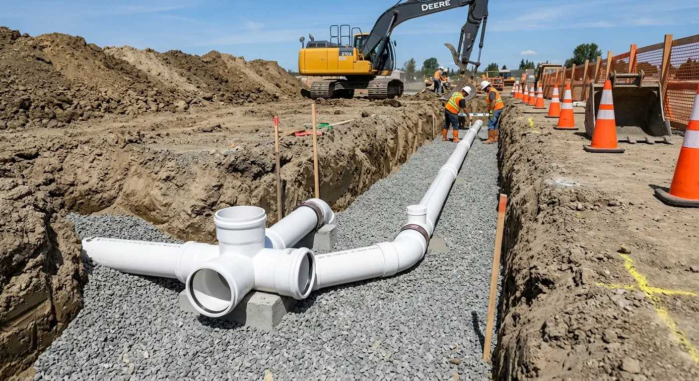 New PVC sewer pipe installation in open trench for Sewer Backup in Marquette