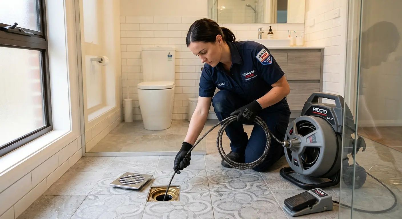 Technician clearing a bathroom floor drain for Drain Cleaning in Marquette